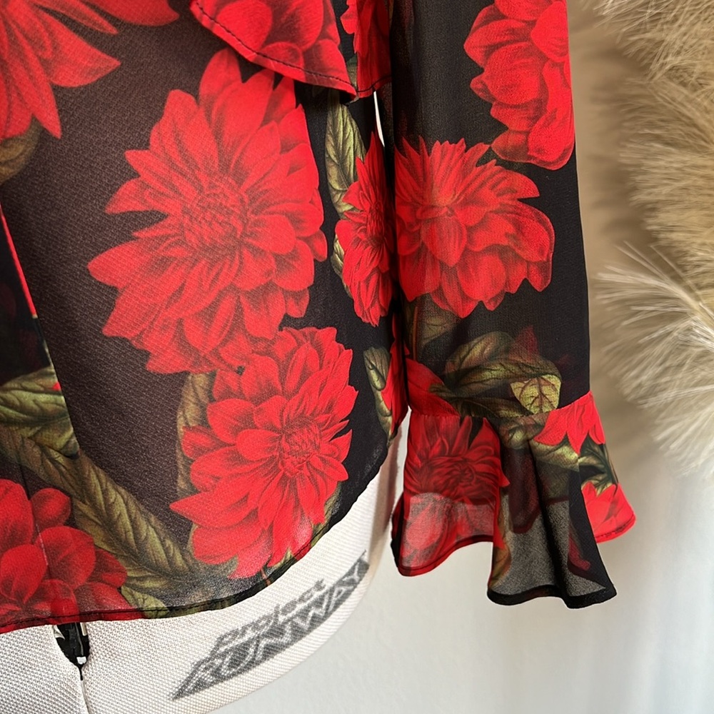 KEEPSAKE sheer red floral dark romance tie neck blouse - Picture 3 of 9